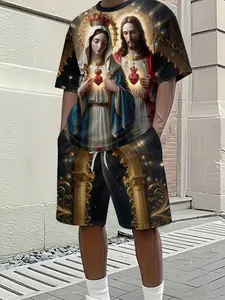 Men's Spring and Summer Casual Short-Sleeve Set, Religious Sacred Heart of Mary and Jesus 3D Print Trendy Fashion Short-Sleeve Set, Vacation Style Trendy Outfit, Breathable Sporty Leisure Style, Perfect Festival Gift for Men