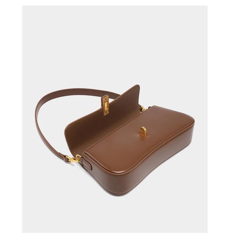 Minimalist Brown Leather Baguette Bag for Women Retro Underarm Shoulder Purse with Gold Lock