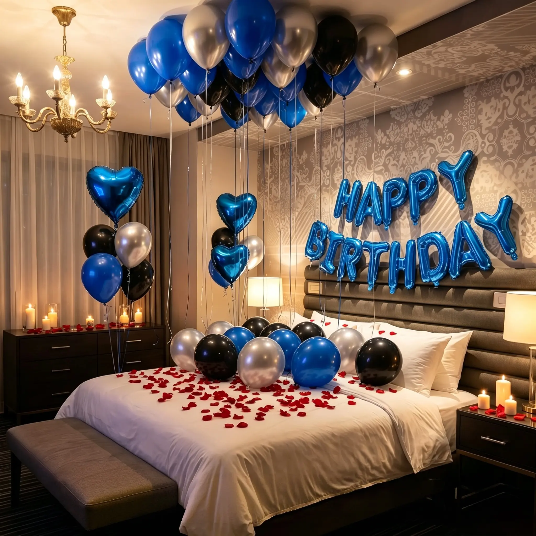 596 sets of blue birthday party decoration kits, including a 16-inch "Happy Birthday" banner, 500 pieces of artificial petals, blue/black/silver latex balloons, for men/women parties, graduation ceremonies, weddings, gatherings, etc. birthday balloon