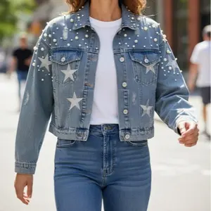 Denim Jacket with Silver Stars and Rhinestones, Tie Back, Fitted, Long Sleeve, Casual Style, All Seasons
