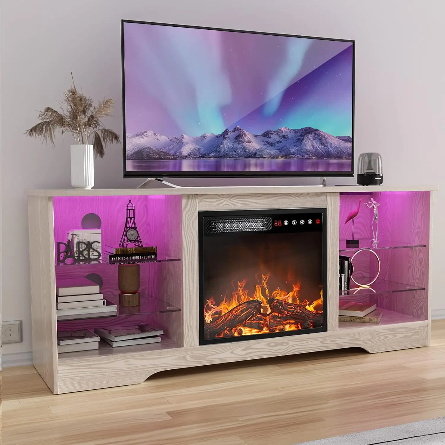 【2 Packages Shipping】Fireplace TV Stand with 18''-Fireplace, Modern Entertainment Center for TVs up to 65 inch, Media TV Console with Adjustable Glass