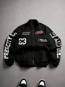 Men's Black FREECITY Zip-Up Jacket with NYC Graphic and Racing Flag Sleeve Print, Streetwear Stand Collar Coat for Urban Fashion and Casual Outings Zip Up Jackets