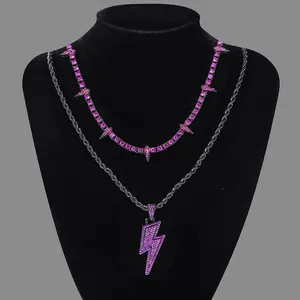 Purple Lightning Necklace Pendant & 2024New Trendy lced out Necklace, LuxuryJewelry, Daily Clothing Decor, Trendy All-match & Pendant Necklace for Bf & Gf & Daily Clothing Decor, Trendy All-match & Exquisite Jewelry for Birthday Giftwithout Box
