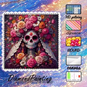 DIY 5D Flocking Cloth Diamond Painting Kit, AB Drills, Fairy Dust Drills, Crystal Drills, Skull, Flowers, Headpiece Diamond Embroidery Design, Special Craft Art Set, Wall Decoration, Gift for Family, Lovers, Friends