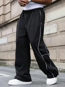 Male Casual Fashion Loose-Fitting Black Track Pants - Menswear Activewear with Reflective Stripes, Machine Washable Athletic Pants for Everyday Wear and Trendy Outings