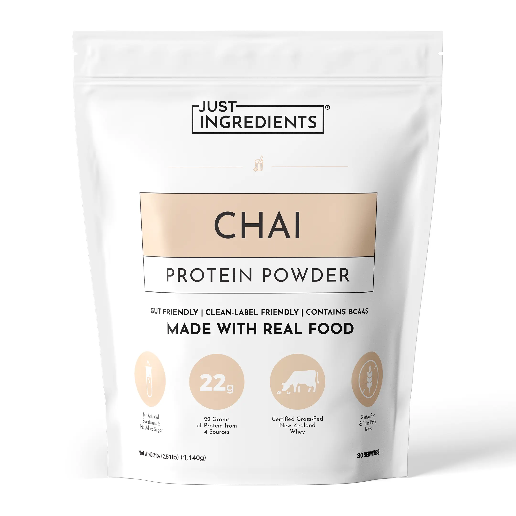 Just Ingredients Chai Protein Powder – 30 Serving Bag – Grass-Fed Whey & Plant Protein Blend with Real Food Ingredients, No Added Sugars, Non-GMO, Gluten-Free, No Artificial Flavors,