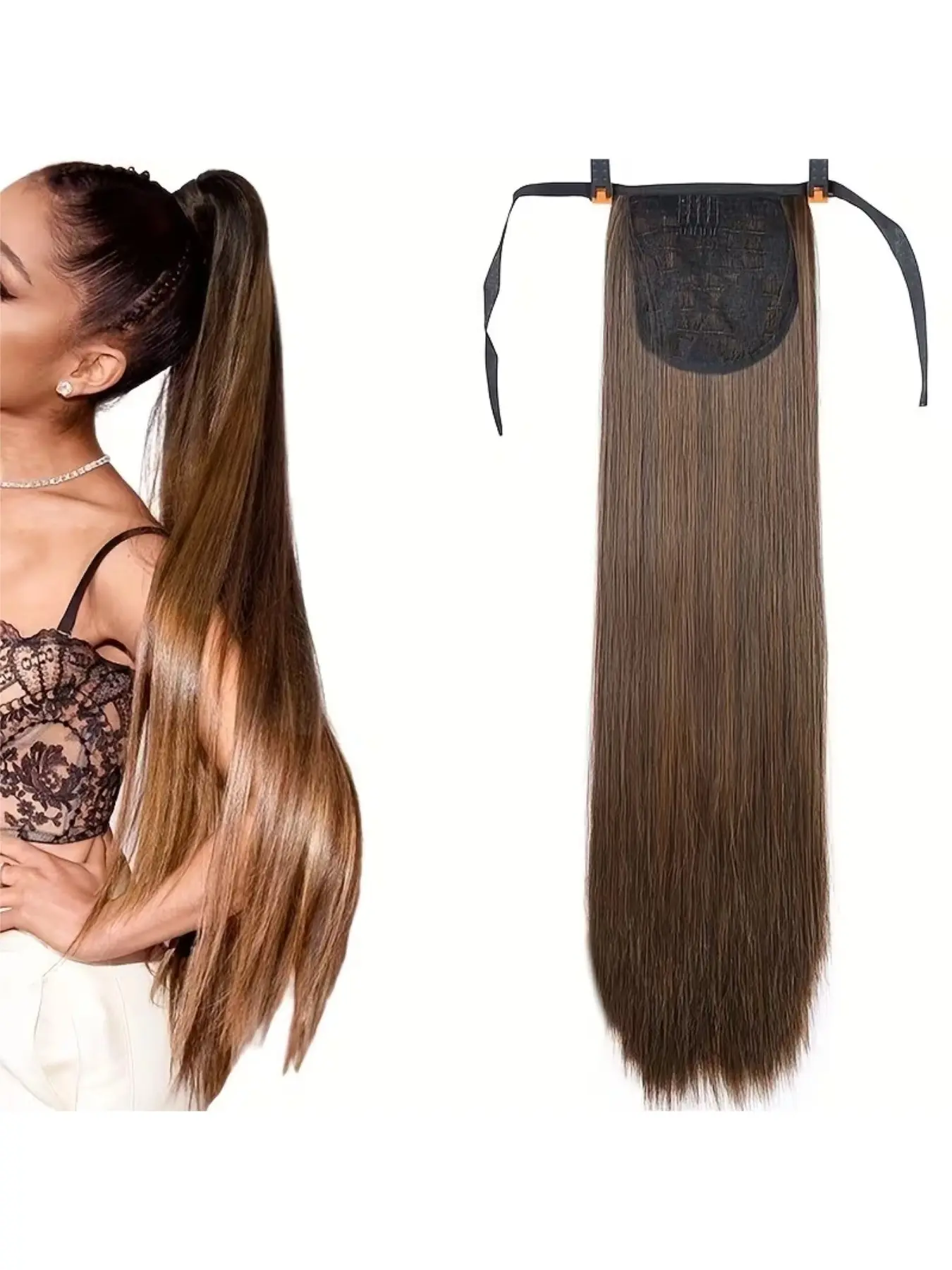 Long Straight Synthetic Hair Extension Tail, Heat-Resistant Drawstring Ponytail Wig Attachment, Suitable for Women Hair Accessories, Hairpieces, Synthetic Extensions