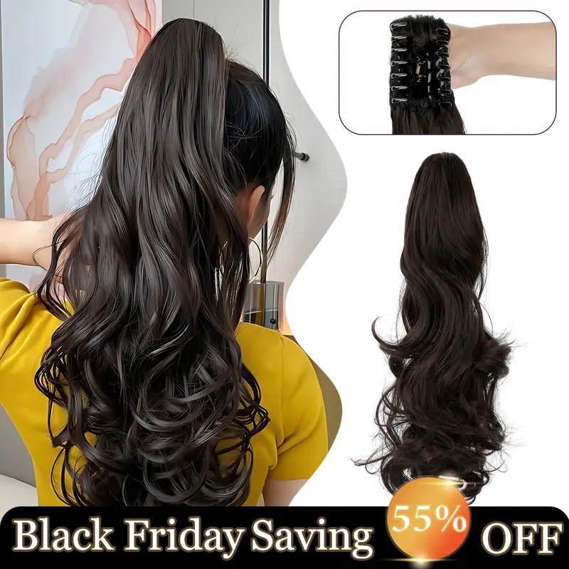 Cephemer Claw Clip Synthetic Ponytail Long Curly Wavy Black 18inches Pony Tails Hair Extensions Jaw Clip Hairpieces for Women Easy to Wear All Day Comfort for Daily Party Black Friday & Christmas