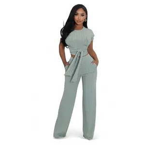 Cropped Belted Top Wide Leg Bottom 2 Piece Set {Tall Girl Friendly}