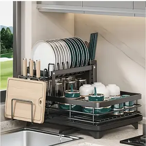 Single Layer Kitchen Dish Drying Rack with Cup and Utensil Holders, Drain Tray for Plates, Bowls, and Cutting Boards multifunctional organizer