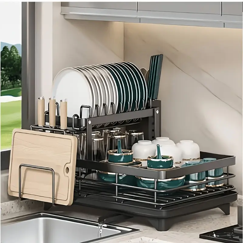 Single Layer Kitchen Dish Drying Rack with Cup and Utensil Holders, Drain Tray for Plates, Bowls, and Cutting Boards multifunctional organizer cocina space-saving