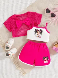 Summer baby girl net coat with bowknot   contrasting European and American pattern camisole top   plain versatile shorts sportswear set, versatile for going, fresh and cute baby girl outfit Baby Clothing