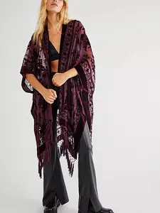 WeHello Boho Velvet Kimono with Tassels Women's Burnout Velvet Long Cardigan Cover Up Soft & Chic Elegance Dress for Layering & Workwear Elegant Outfits Womenswear Clothes Piece Uniforms