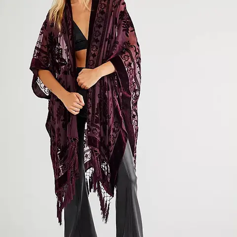 WeHello Women's Nylon Burnout Velvet Kimono Cardigan with Tassels - Chic, Loose Fit, Long Drape, Soft Luxe Cover Up, Boho Layering Piece, Hand Wash Only Workwear Cover Up, Boho Clothes for Women