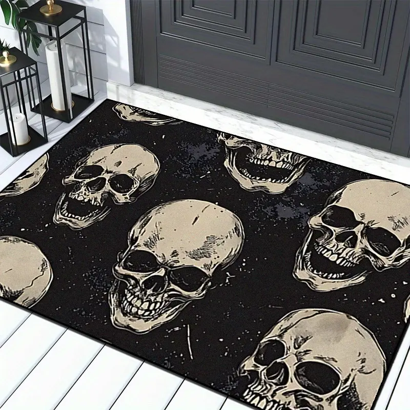 Halloween Theme Home Decor Entryway Rug, Skull Print Design, Creative Unique Holiday Gift Carpet, Soft Washable Mat, Machine Washable Rug for Living Room Bedroom