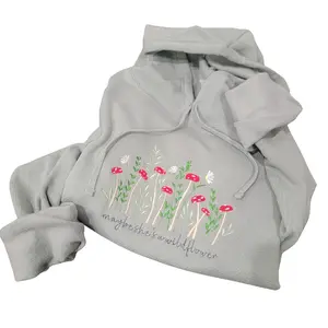 Wildflower Hoodie Sweatshirt, Mushroom Shirt, Floral Crewneck, Cropped hoodie, Flower Shirt, Embroidered Summer shirt, Embroidered Spring Shirt Embroidery Long Sleeve Outfit Casual Tops Sweaters