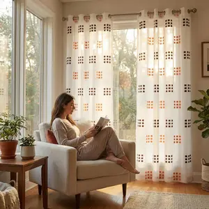 Cozy Curtain 2 Panels 52X84Inch is made of bamboo-jointed linen fabric, combined with embroidery technique, featuring a two-color nine-square pattern, with a metal ring at the head. It is easy to install, has a unique style, and is labeled as CT278.