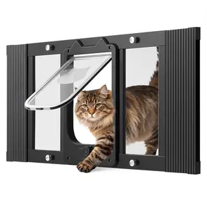Cat Door For Window, Adjustable To Fit Window Width From 27 To 32 Inches, Four Secure Lock Modes, Aluminum Frame And High-Transparency Glass Panel, Magnetic Closure, Weatherproof Quick-Fit Pet Door For Cats, Black