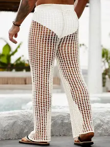 Men's Hollow Out Mesh Drawstring Waist Knit Pants, Suitable For Summer Beach