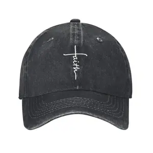 Faith Cross Printed Washed Black Baseball Cap, Christian Religious Quote Dad Hat, Vintage Distressed Cotton Cap, Casual Faith-Based Streetwear Accessory