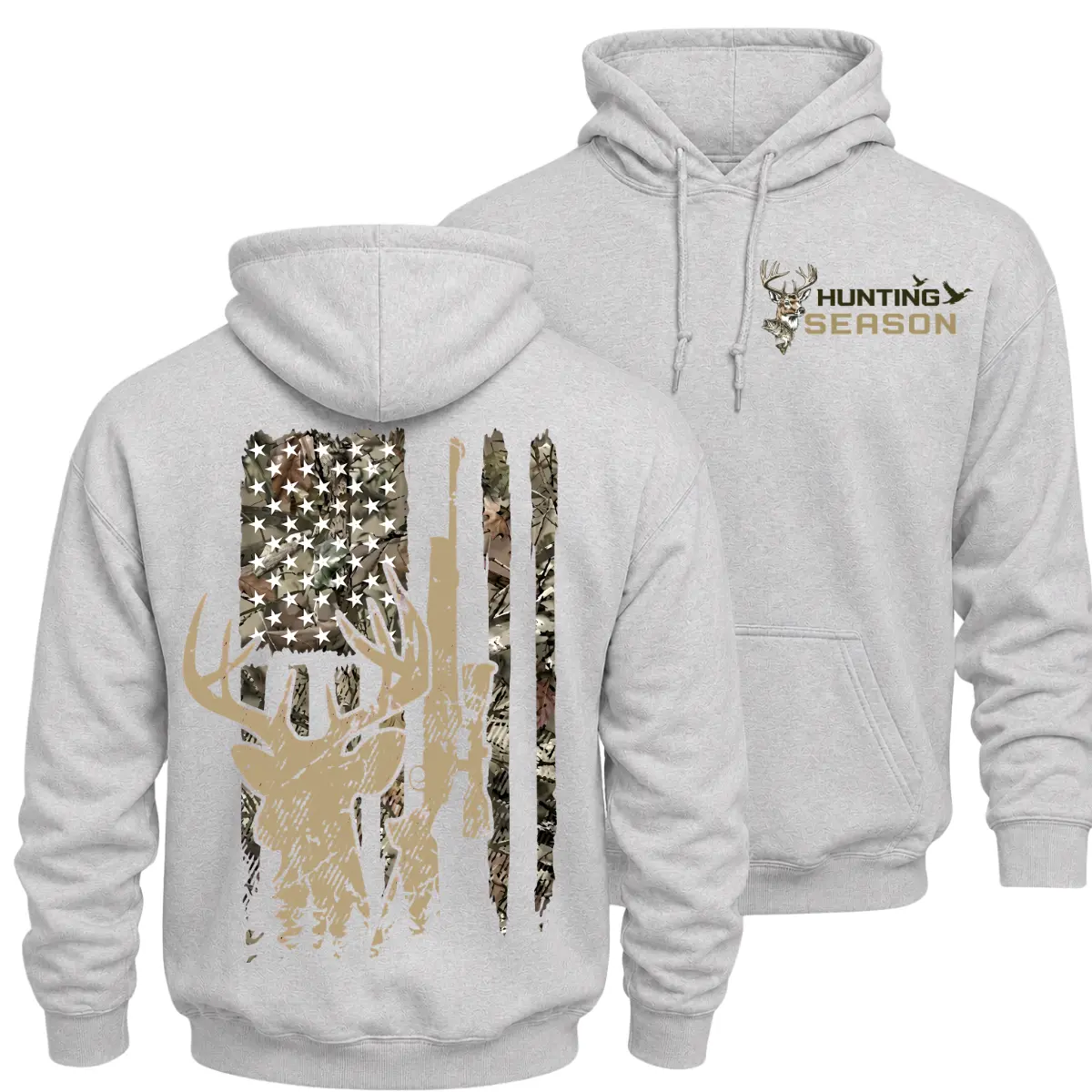 Deer Hunting Season Hoodie, American Flag Camo Buck Graphic Hoodie, Front and Back Print Outdoor Hunting Apparel, Gift for Hunters, Dads and Men, Casual Fall Winter Wear