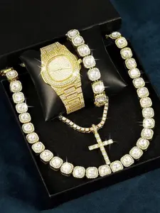 Men's Luxury Rhinestone Decor Watch & Jewelry Set, Including Watch & Necklace, Fashion Watch Set for Party, Daily Decor, Exquisite Watch Set for Gift, Fashionable Jewelry Set