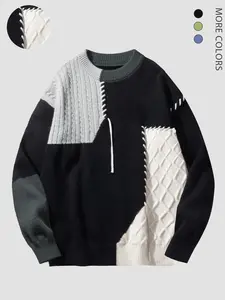 Men's Fall Winter Plaid Knit Sweater, Colorblock Patch Design, Casual Fitted Warm Top, Fashionable Versatile Daily Wear, Winter Warm Pullover, Thick Knitwear