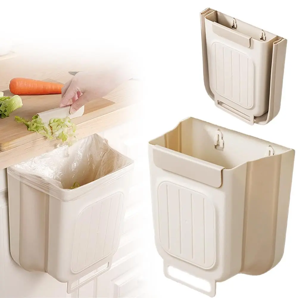 White Foldable Hanging Kitchen Trash Can - Wall-Mounted Garbage Can for Cabinet Door, Space-Saving Plastic Flip Waste & Recycling Bin, Trash Cans for Kitchen, Home Decor Supplies
