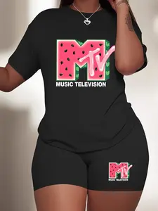 【Plus Size】 Two-Piece Set  Fruit Print Short Sleeve Tee & Shorts Set, Casual Round Neck T-shirt & Shorts, Women's Summer Clothes for Daily Wear, Suits, Casual Loungewear Set