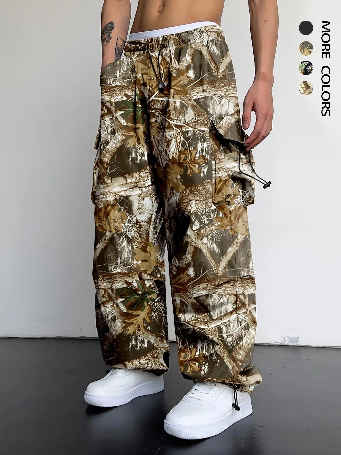 Men's Fall Plants Print Drawstring Waist Cargo Pants, Y2K Fashion Casual Loose Pocket Design Trousers for Daily Wear, Fall Outfits, Mens Pants, Menswe