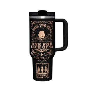 1 Black Travel Mug with Western 2D Design, Featuring Gun and Cowboy Patterns, Stainless Steel Lid and Handle