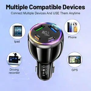 75w 4-In-1 Car Charger with 2 USB & 2 Type-C Ports, RGB Ambient Light, Compatible with iPhone 16 Pro/16/15 Pro/15 & Samsung S25/s24/s23