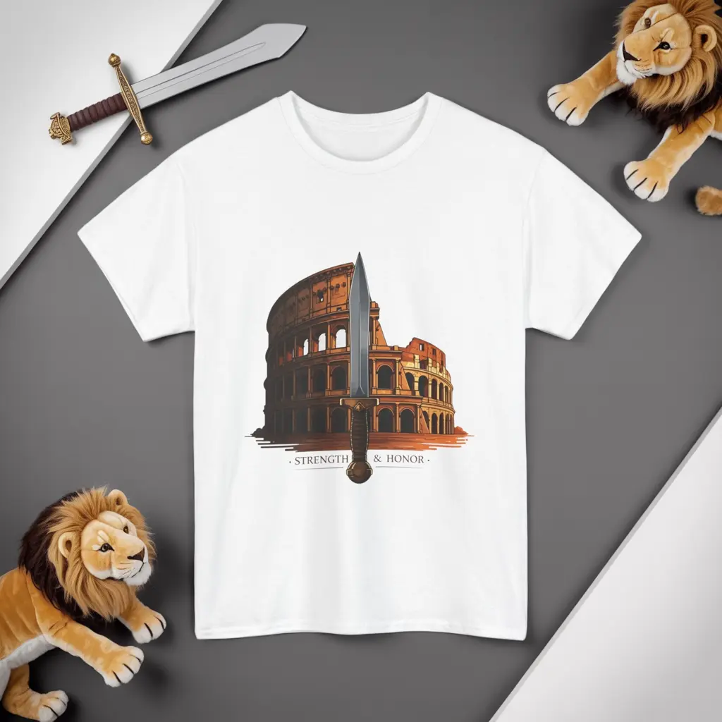 Strength & Honor Gladiator Shirt – Roman Colosseum and Sword Graphic Tee – Ancient Rome History T-Shirt Perfect for Gladiator Fans, Italy Travelers, and History Buffs