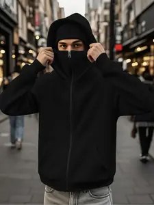 Men's Solid Color Fitted Knit Hooded Sweatshirt, Pullover Balaclava, Fall Winter Fashion, Casual Long Sleeve Drop Shoulder Design