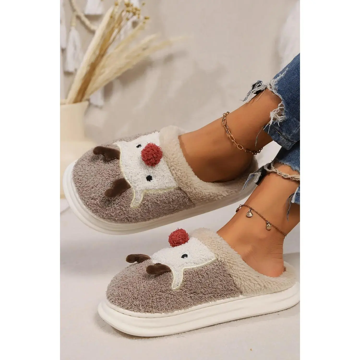 Elk Furry PVC Flat Slippers
