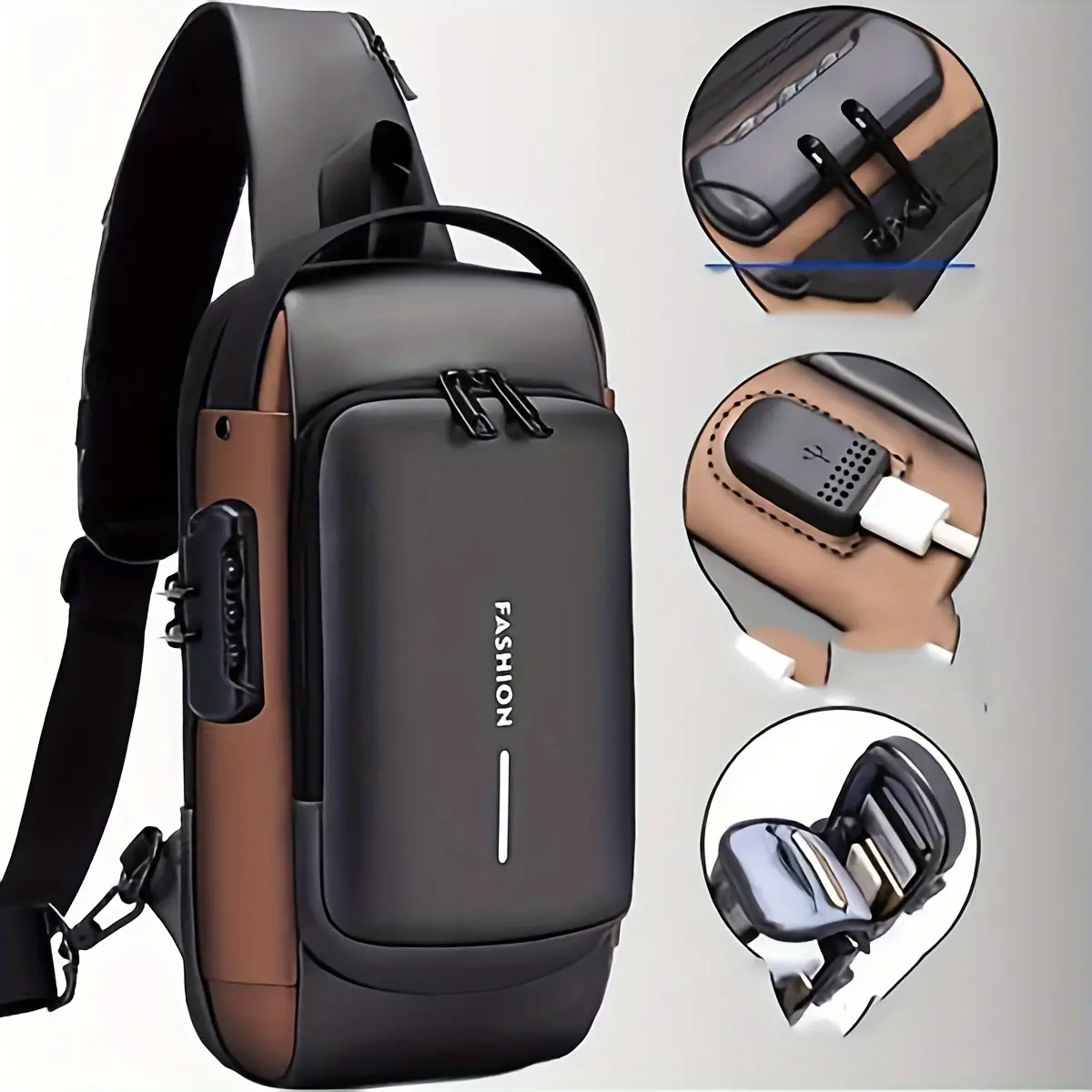 Men's anti-theft password lock crossbody bag - anti-theft technology digital password lock - adjustable shoulder strap, golden hardware, durable fabric zipper compartment, charging port compatible with motorcycles, travel, gym, daily use