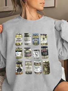 Pickle Pickle Jar Pattern Print Crew Neck Sweatshirt, Casual Long Sleeve Pullover for Fall & Winter, Women's Clothes for Daily Wear
