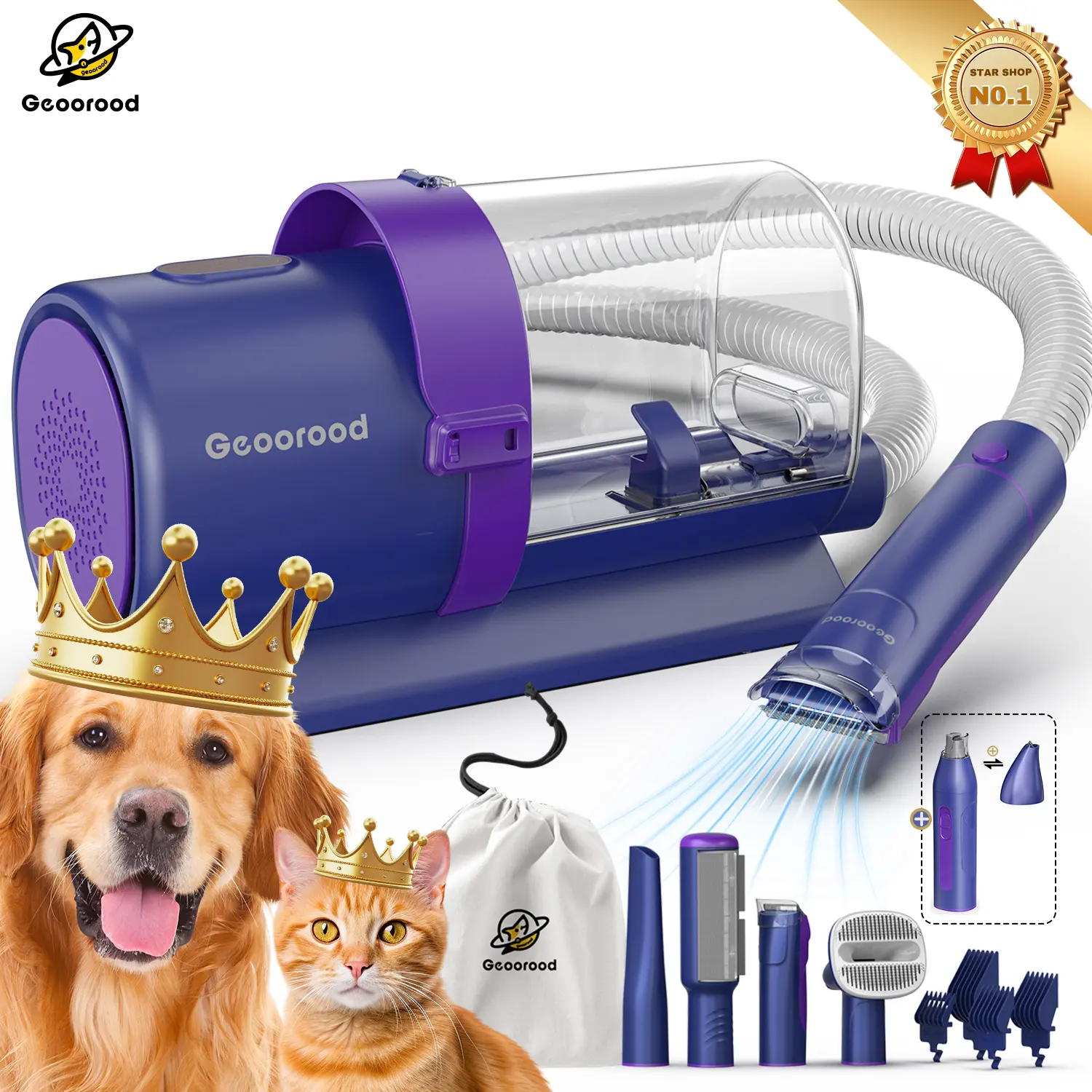 Geoorood 6-in-1 Dog Grooming Vacuum Kit, 2.5-liter Large Capacity, 10KPa Suction Force, Stainless Steel Detachable 24mm/3mm/9mm Blades (Easy Swap), 65 Decibels, Portable Universal Set for Dogs, #Familyfun