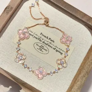 Women's Four-Leaf Clover Bracelet with Sparkling, Adjustable Design,Rose Option Avallable, Flower Design Bracelet