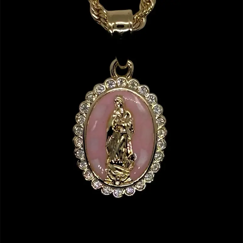 14K Gold Plated Virgin Mary Pink Pendant Artificial Opal Charm Necklace - Collar de Virgen de Guadalupe Opal Artificial  en Oro Banado 14K