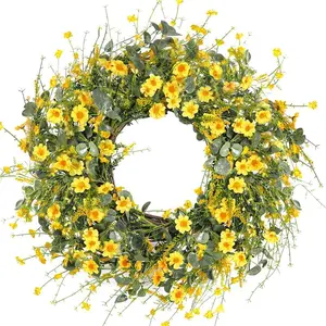 Yellow Daisy Wreath | 24" Spring & Summer Door Decor with Eucalyptus & Lavender    Farmhouse Front Door Wreath Decorative Fruit Plants Plastic