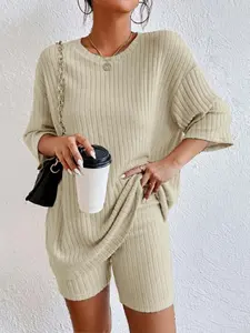 2 PC Set Women's Soft Comfy Loungewear, Casual Short Sleeve Top With Elastic Waist Panty, Skin Friendly Leisure Minimalist Simple Solid Color Cozy All Season Sleep & Lounge Outfit, Suitable For Daily Homewear & Rest Wear Womenswear