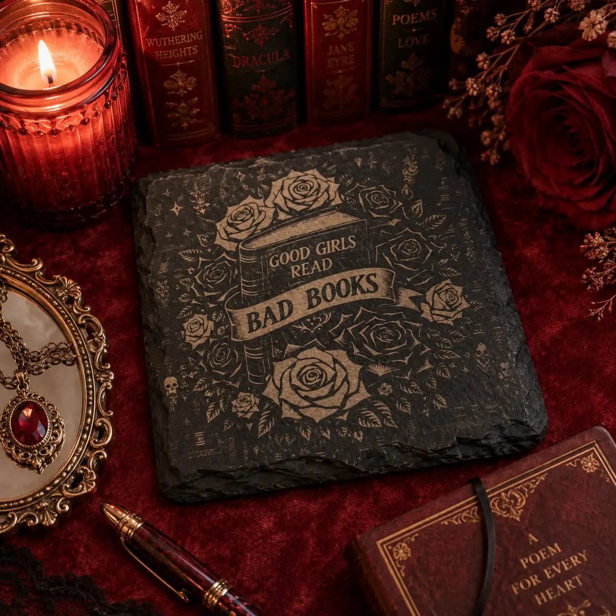 Engraved Slate Coaster, Kitchen Tableware, Good Girls Read Bad Books Design - Hot & Cold Drinks Accessory, Gifts for Friends & BookTok Fans, Dark Romance Decor