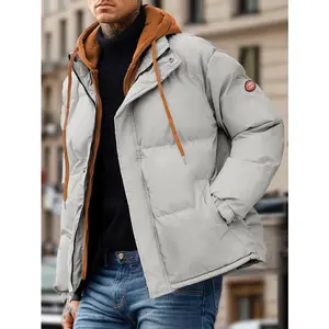 Men’s winter hooded jacket — full-zip detachable hood, skiing and casual activity jacket, machine washable cold-weather jacket, men’s winter jacket, men’s winter jacket, winter cotton jacket, thick warm jacket, beige long-sleeve GARMENTARY