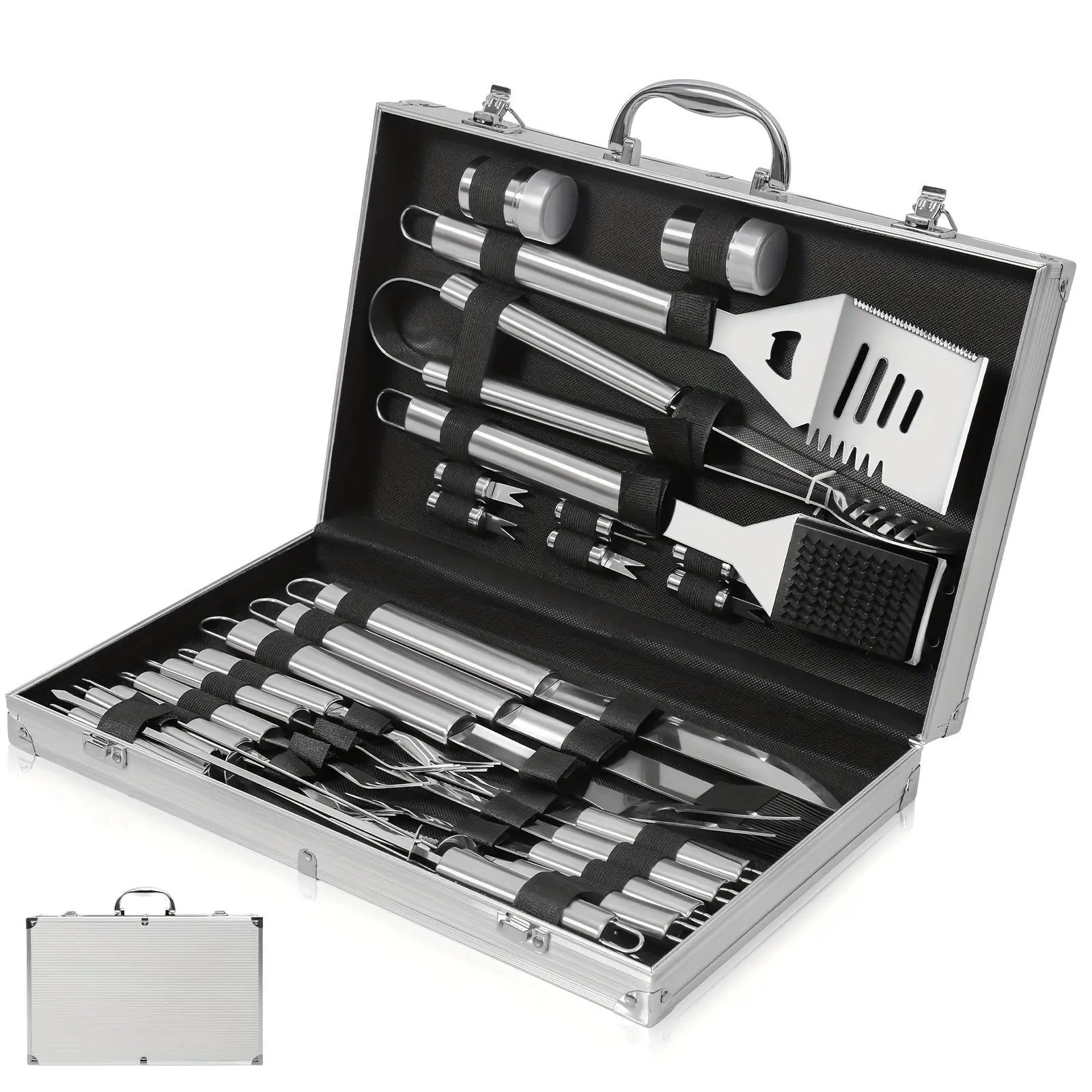 BBQ Grill Gear Set Heavy Duty BBQ 26 Accessories Stainless Steel BBQ Accessories With Aluminum Storage Case - Complete Outdoor BBQ Kit For Men Women