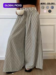 women's striped print elastic waist wide leg pants, casual comfy pocket baggy trousers for daily wear, ladies loose bottoms for all seasons, wideleg womenswear
