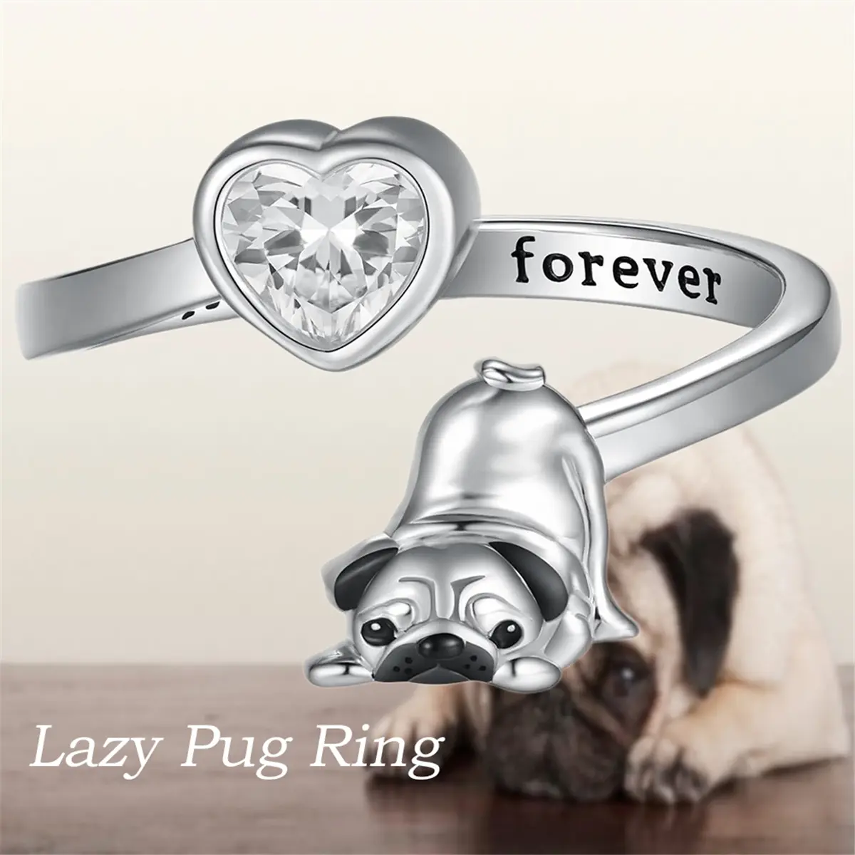 Adorable Pug Ring for Women, Adjustable Alloy Open Band with a Sparkling Cubic Zirconia Heart, Daily Animal Lover Jewelry Gift, Animals, Cute Animal Charm