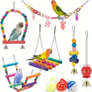Parrot Toy Set, 11-Piece Bird Cage Accessories, Stairs Swing Hanging Rings, Plastic Puzzle Ball, Durable & Safe Design, Random Colors