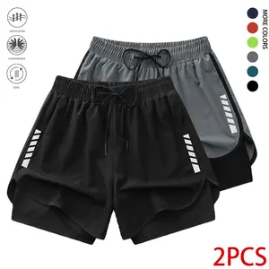 Set of 2 men’s athletic shorts featuring reflective print patterns; suitable for running, fitness, and basketball training. Double-layer design ideal for outdoor activities and everyday casual wear—athletic shorts.