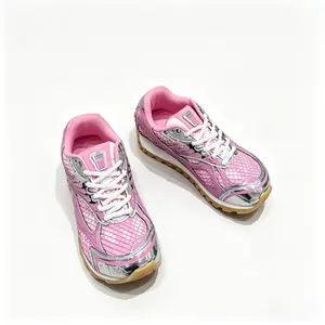 Pink & Silver Y2K Chunky Dad Shoes for Women, Breathable Metallic Mesh Running Sneakers, Anti-Slip Shock-Absorbing Streetwear Trainers for Casual & Outdoor